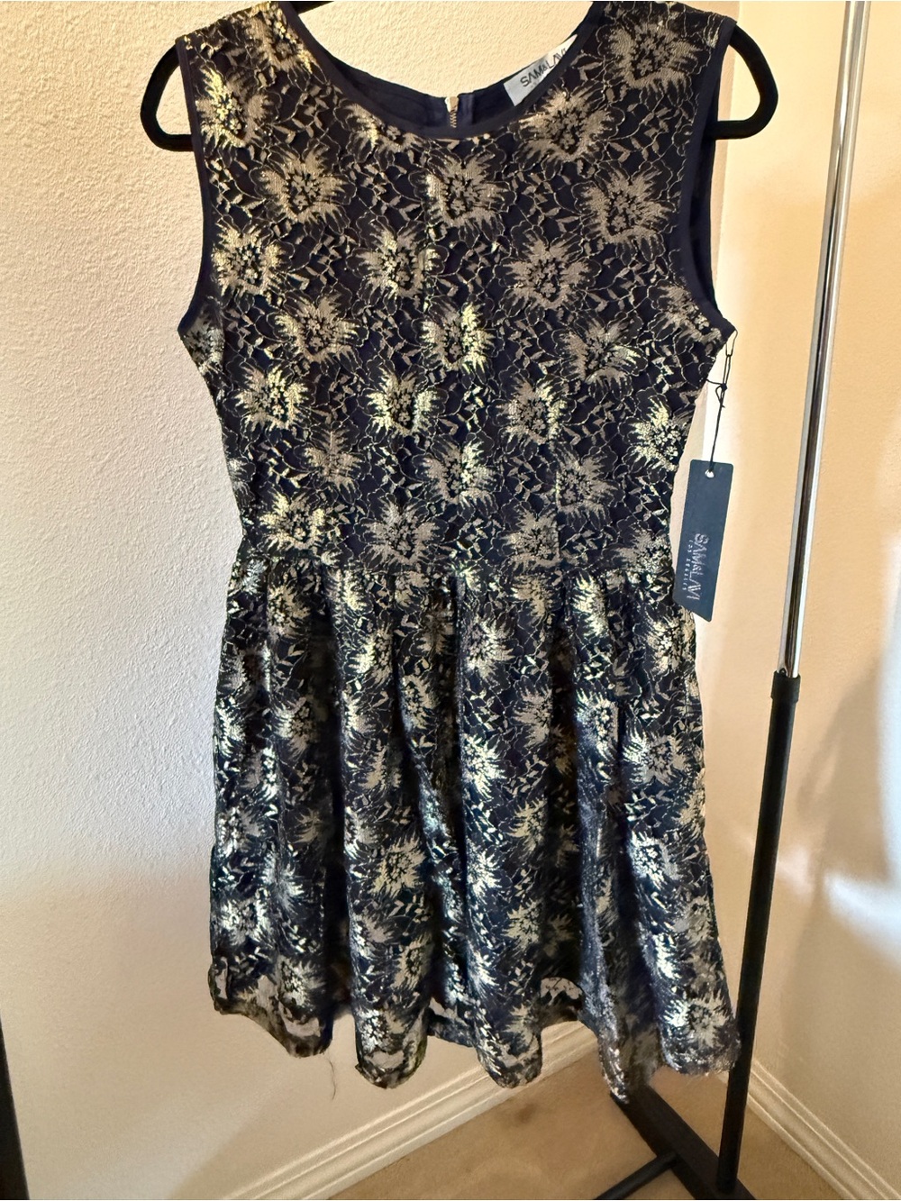 Sam & Lavi Black and Gold Lace Fit-and-Flare Dress